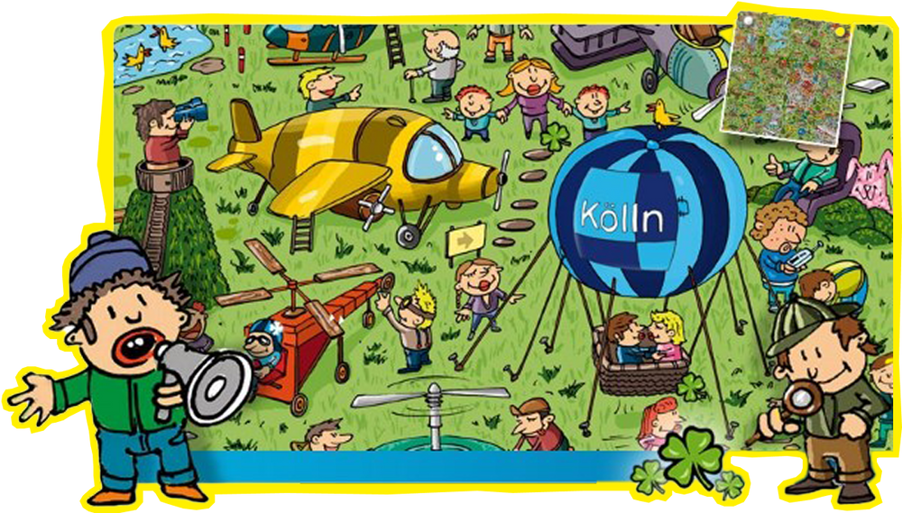 Ein Wimmelbild mit gelbem Rahmen, auf dem Flugzeuge, ein Kölln-Ballon und viele Menschen zu sehen sind